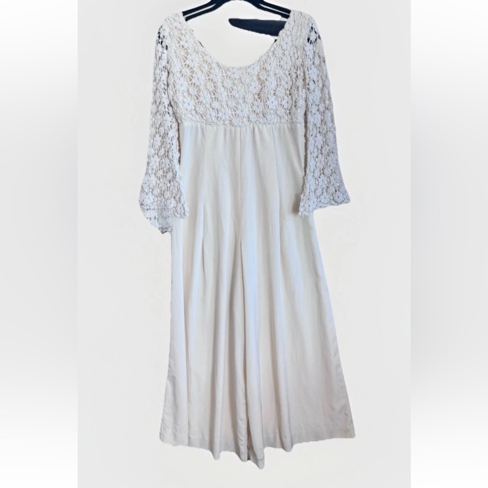 Vintage 70s Halo Sport Fashions Crochet Lace Beige Hippie Boho Jumpsuit Romper